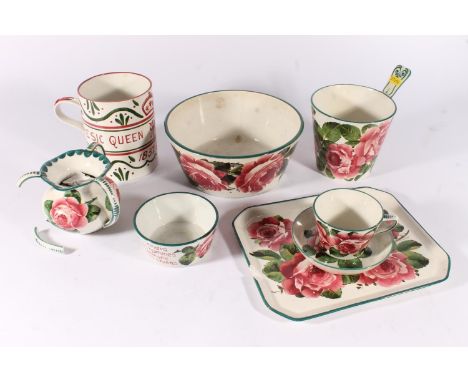 Selection of Wemyss pottery incl. dog bowl, tray, large bowl, cup and saucer, cream luggie and a Queen Victoria 1897 jubilee 