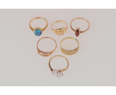 Six 9ct gold dress rings set with stones including opal, diamond and garnet, 13.3g gross. (6)