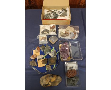 Group of mineral samples to include Scottish banded agate, flint hand axe tool (13cm long), amethyst, rock crystal, Mount Etn