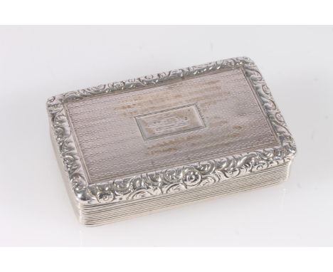 Antique William IV silver snuff box of rectangular shape having engine turned decoration to the top and bottom surfaces, the 