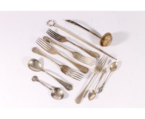 Georgian Scottish silver meat skewer, hallmarked for George McHattie, Edinburgh, no date mark, five silver forks, a silver an