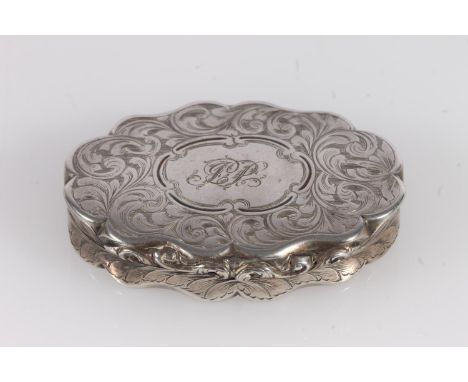 Antique Victorian silver snuff box of oval shape with serpentine edge, the body decorated with all over incised sinuous scrol