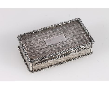 Antique William IV silver snuff box of rectangular shape, the body with engine turned design all over, the top and bottom edg