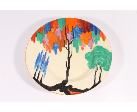 Clarice Cliff Art Deco plate in the Latona pattern, c1930s, the polychrome boughs ove green and blue background trees, W22.5c