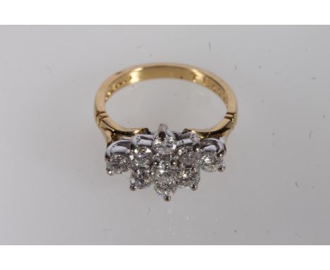 18ct gold and diamond cluster ring, the nine round brilliant cut diamonds claw set on a platinum mount leading to a plain ban