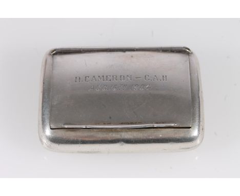 Antique Edwardian silver snuff box of curved cushion form, the inscribed 'D CAMERON - CAH AUG 16TH 1904', by Thomas Hayes, Bi