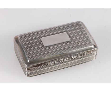 Antique silver snuff box of rectangular form having moulded edge and relief floral embossed thumb piece, the body decorated a