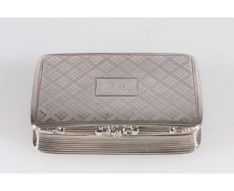Antique George IV silver snuff box of rectangular shape with rounded corners, the body with simulated tartan incised design, 