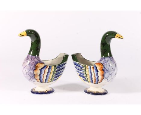 Pair of Wemyss pottery duck spoon warmers, decorated in faience type colours, painted and printed Wemyss marks to base, H18cm