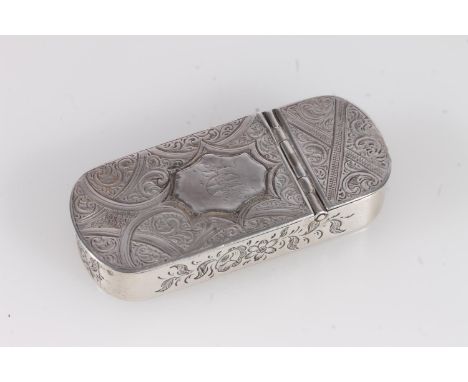 Antique Victorian silver snuff box of stadium shape with incised scroll and floral decoration, by Aston &amp; Son (Thomas &am
