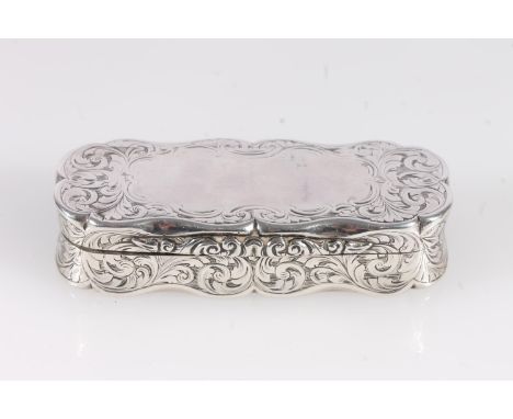 Antique Victorian silver snuff box of rectangular shape with serpentine edge, the body with incised sinuous scrolling floral 