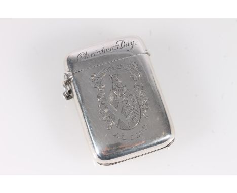 Masonic-interest: George V silver vesta case of cushion form, the front incised with crest and banner reading 'In The Lord is