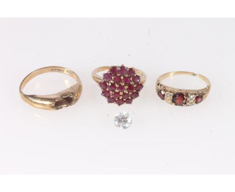 Gold garnet and diamond ring, hallmarks rubbed, size K, 3.8g, 9ct gold cluster ring set with ruby red stones, size N, 3.2g, a