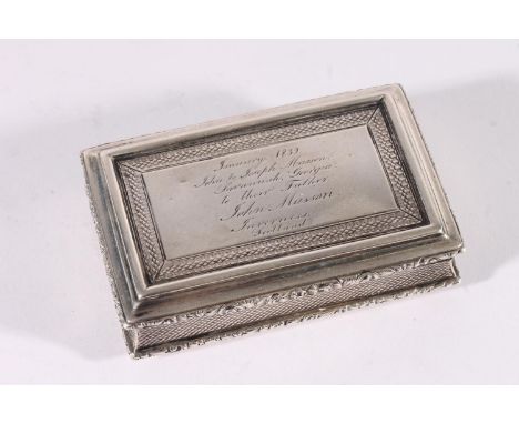 William IV silver snuff box, of rectangular shape with engine turned decoration and floral cast thumbpiece, opening to reveal