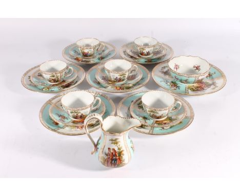Dresden porcelain tea set for six, early 20th century, decorated with reserves of 18th century romantic couples between blue 