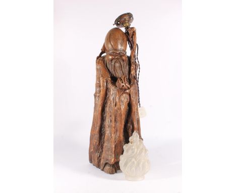 Japanese carved root wood figure of Fukurokuju, late Meiji period, later converted into a lamp with flame shade, to top of he