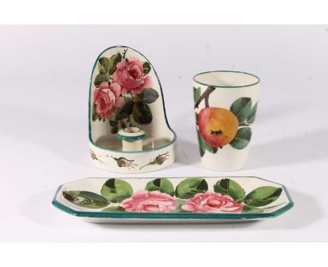 Wemyss cabbage rose decorated pottery chamberstick, pen stand and a apple decorated beaker, max H14cm. Condition report - No 
