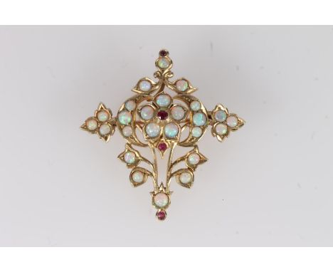 Edwardian yellow gold, opal and ruby open work lavaliere pendant brooch, the small opal cabochons set around small round cut 