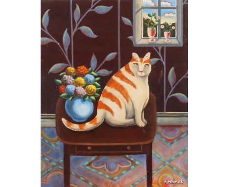 JERZY MAREK (Polish, 1925-2014) *ARR* Fat Cat Oil painting on board, signed lower right, 22cm x 18cm, frame 34cm x 29cm. Labe