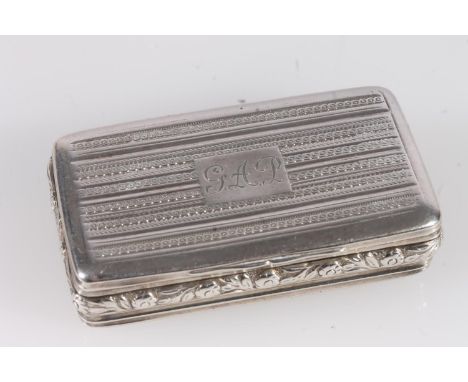 Antique Georgian silver snuff box of rectangular shape with rounded corners, the top and bottom surface decorated with engine