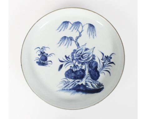 18th century Chinese low blue and white dish decorated with lotus, willow, and other flowering plants, metal edge to the rim,