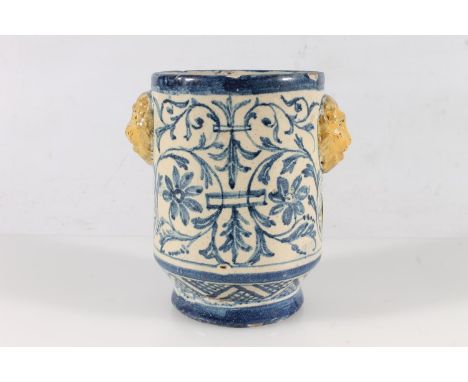 Antique blue and white earthenware albarello, with two lion mask handles, 14.5cm.