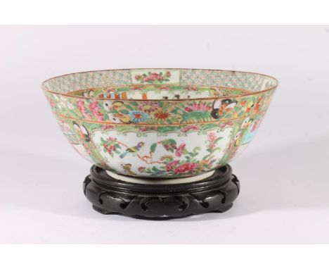 Chinese Canton Famille Rose porcelain bowl, Republic period, decorated to the panels with figures, foliage and exotic birds, 