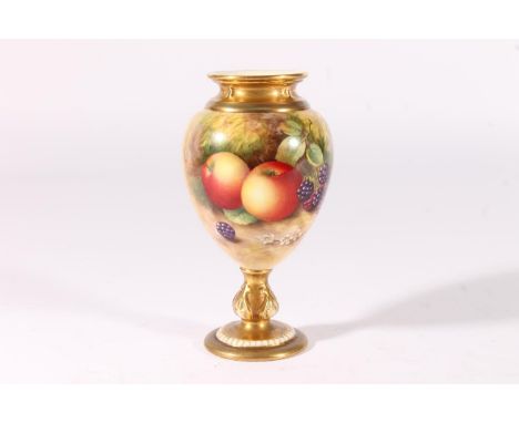 Royal Worcester fruit decorated vase, c1930s, of baluster form on a knopped pedestal, shape 2260, signed by Harry Ayrton, H14