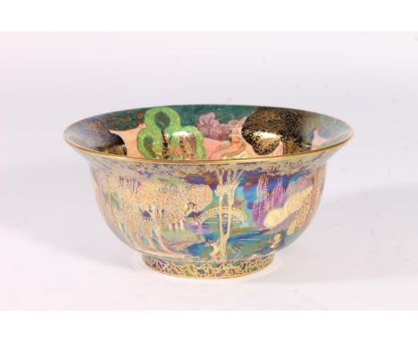 Wedgwood Fairyland lustre flared bowl, c1920s, decorated in the Woodland Bridge and Garden of Paradise patterns, printed mark
