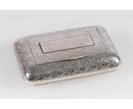 Antique George III silver snuff box of cushion or pillow shape, the body decorated with incised hatched and floral design, th