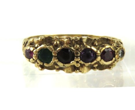 A modern 9ct gold REGARD ring, set with ruby, emerald, garnet, amethyst and diamond, in a typical setting, finger size M1/2, 