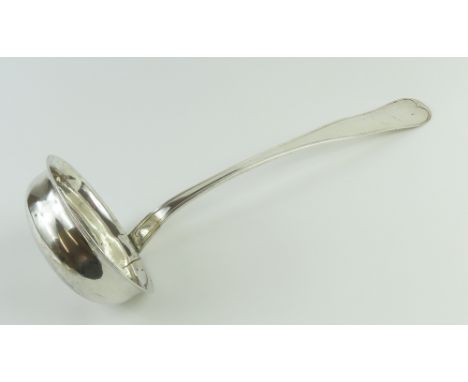 A large Danish silver sauce ladle with some debossing lining the handle and rat-tail ends, engraved at the back, by H.O and w