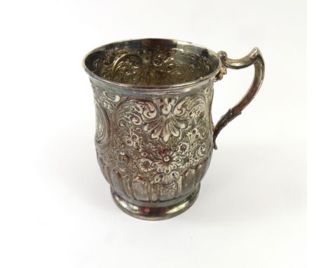 An Edwardian silver christening mug, by Fenton Brothers, Ltd., Sheffield, 1901, circular form, scroll handle, embossed foliat