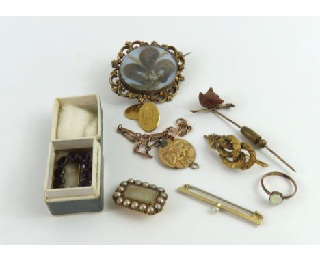 A collection of items to include a single 18ct gold cufflink, 5.1g gross; a white opal ring, marked '9ct', finger size H, 0.8