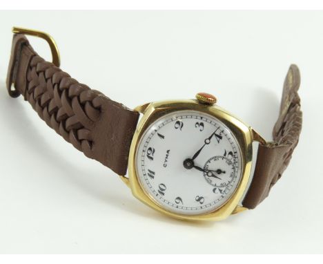Cyma - an early to mid-20th century gentleman's manual wind 9ct gold cased wristwatch, the round white enamel dial with black