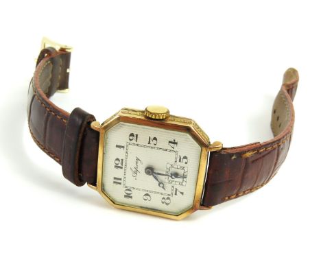 Asprey - a vintage 9ct gold cased gentleman's manual wind wristwatch, the textured, square dial with cantered corners, black 