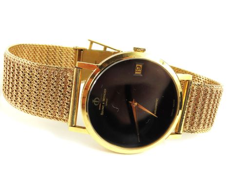 Baume & Mercier - a gentleman's Baumatic 18ct gold case wristwatch, the round black dial with gold hands and date aperture; o