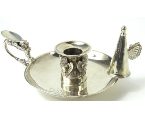 A George III silver chamber stick, by Robert Garrard I, London, 1817, plain circular form, mythical winged lion capped handle