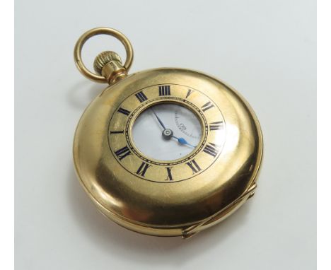 J W Benson - a 9ct gold cased half hunter pocket watch, the white enamel dial with black Roman numerals, blue steeled hands a