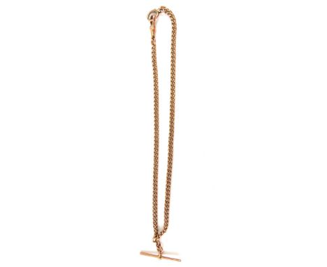 A 9ct rose gold Albert watch chain, each of the tight close linked curb links marked, with a swivel clasp, bolt ring clasp an