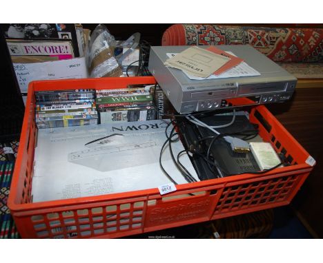 A "Crown" DVD player, a Sanyo DVD, cassette recorder, a "Schneider" video recorder and a quantity of DVD's