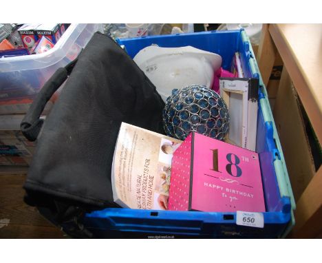 A box of miscellaneous, hard hat, light shade, etc.
