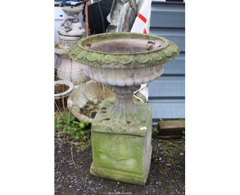 Concrete Urn/Planter on plinth (in three sections), 25'' diameter x 35 1/2'' high.