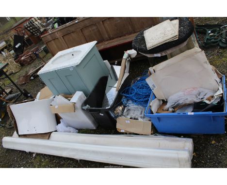 Bathroom suite, enamel sink, shower-head and fixings, plastic skirting board, etc.