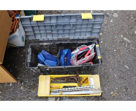 Tool box and contents, including masonry drill bits, jump leads, etc.