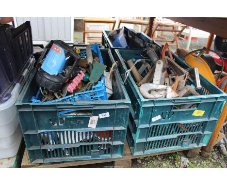 Two boxes of assorted tools - garden, door locks, ratchet straps, bow saw, etc.