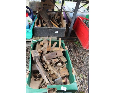 Two boxes of woodworking tools including planes, mallets, etc.