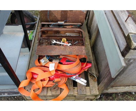 Four ratchet straps and a cantilever tool box with contents.