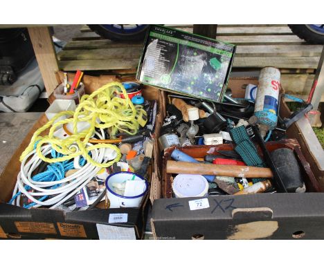 Two boxes of miscellaneous - including tools, fixings, cables, lump hammer, etc.