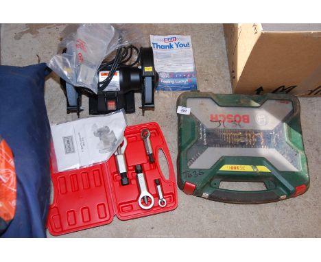 An as new Challenge 6 Bench Grinder, Sealey Nut cracker, Drill with drill bits, etc.